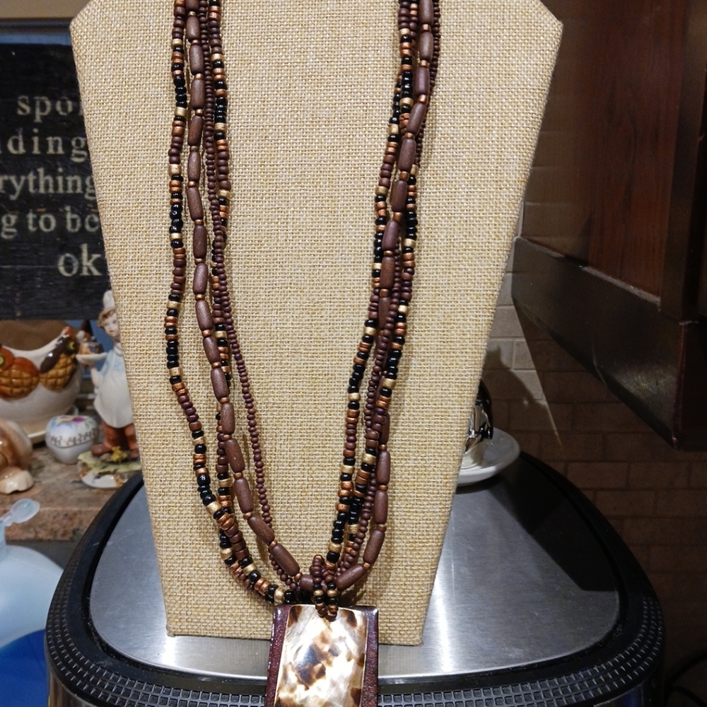 Vintage Earthy Boho Multi-strand Wood Beaded Necklace Brown Shell Pendant 26"